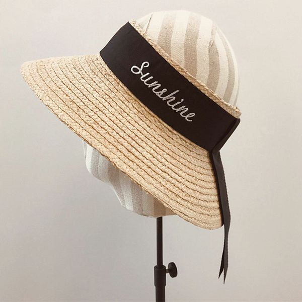 

handmade empty wide brim raffia straw hats for women summer sun hat letter ribbon beach hat travel female sun cap, Blue;gray
