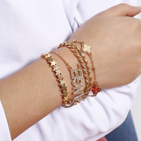 

multilayer thick chain letter star charm bracelets set for women vintage geometric bracelet femme ladies fashion jewelry xr2958, Golden;silver