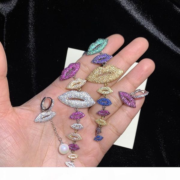 

brand designer women fashion jewelry bling cubic zirconia s925 silver stud earrings lady long asymmetry lips earrings wedding eardrop, Golden;silver