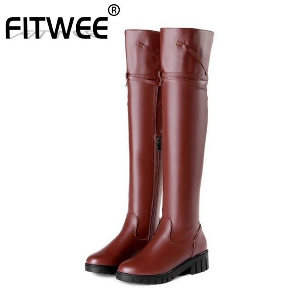 

fitwee ladies over the knee boots flats heel buckle winter warm fashion shoes women round toe boot size 34-43, Black