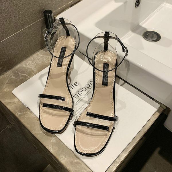 

sandals lady fashion all-match 2021 women's summer simple style versatile transparent high-heeled shoes with elegant, Black