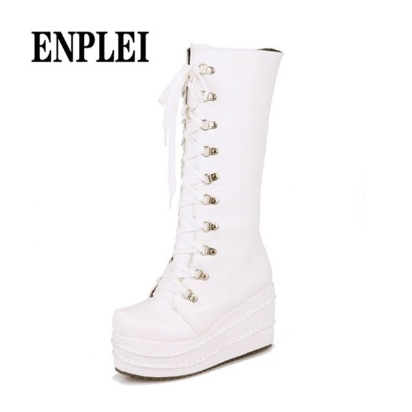 

enplei ladies knee high boots wedge heel platform boots woman punk gothic shoes pointed toe lace up comfortable size 34-43, Black