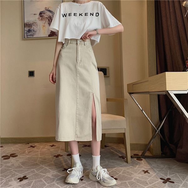 

apricot long denim skirts women high waist split straight skirt vintage button summer pencil skirts plus size pockets 2020 x259, Black