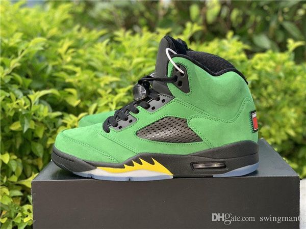 

new air authentic 5 se oregon ducks basketball shoes apple green yellow strike black jumpman reflective retro men sports sneakers with box
