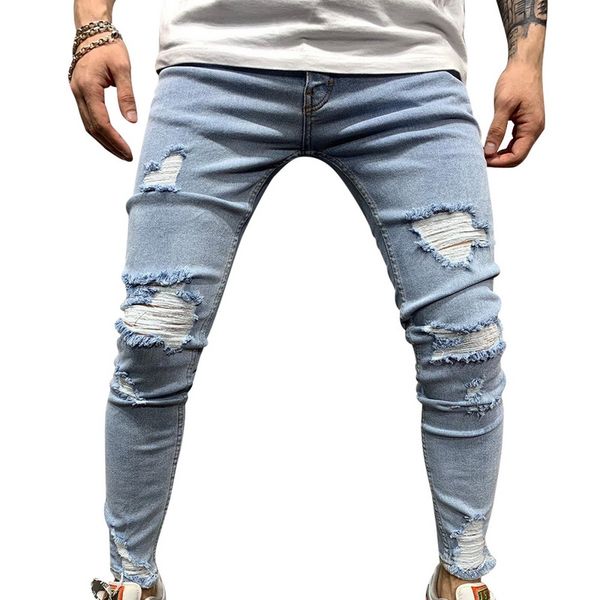 

oeak men's fashion hip hop tight-fitting hole denim pants 2020 new slim fit skinny distressed jeans pencil pants, Blue