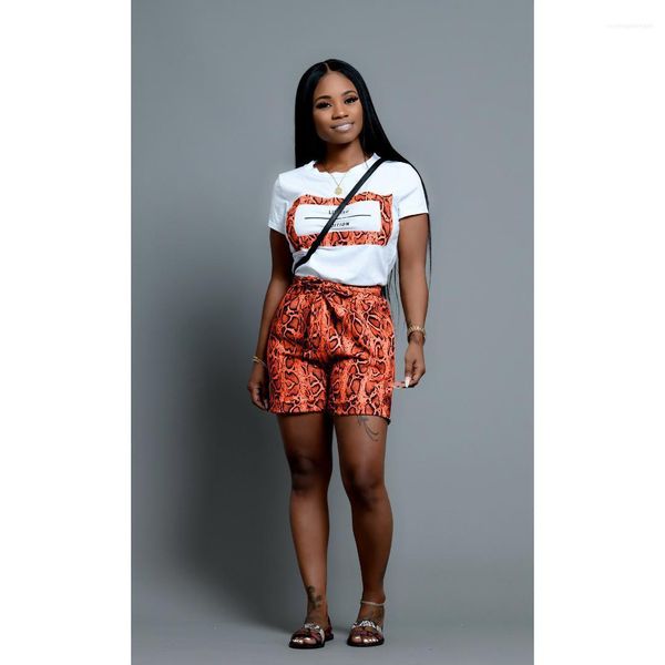 

casual apparel womens summer designer 2pcs short pants crew neck letter print female clothing snake skin, White