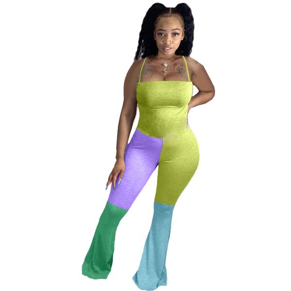 

womens sling skinny jumpsuit multi color stitching high waist boot cut pants famale fashion rompers, Black;white