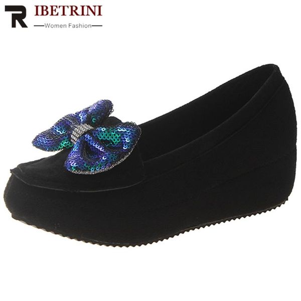 

ribetrini fashion female spring shoes woman butterfly knot platform sewing slip on shallow flats women casual consise flats, Black