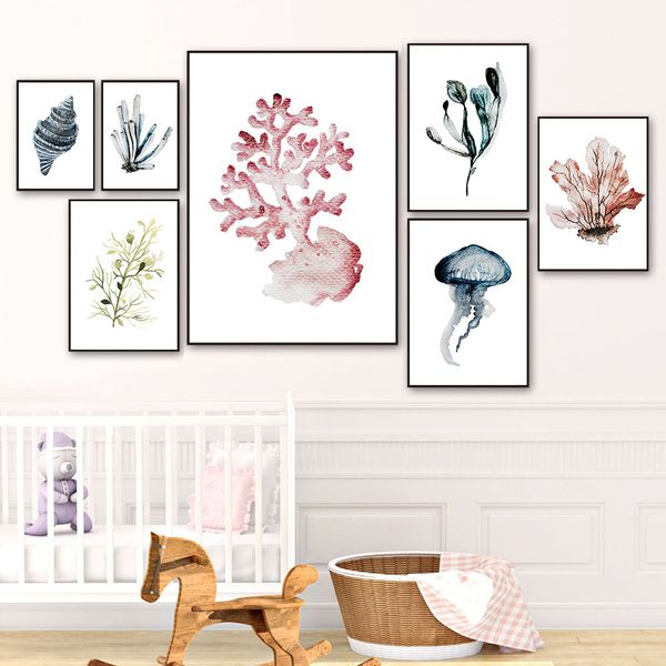 

розовый синий coral poster shell wall art печать медузы холст картина детские плакат nordic wall фотографии nursery kids room decor