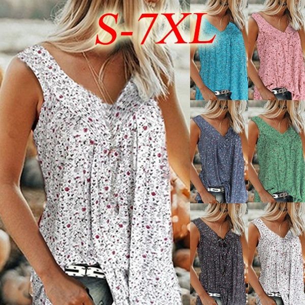 

selling 2019 new summer printed floral sleeveless v-neck casual shirt female spot, White
