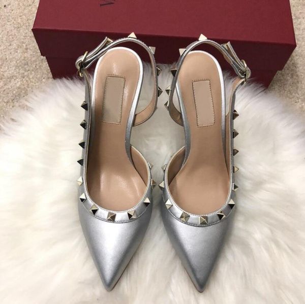 

fashion women pumps casual designer gold matt leather studded spikes slingback high heels shoes, Black