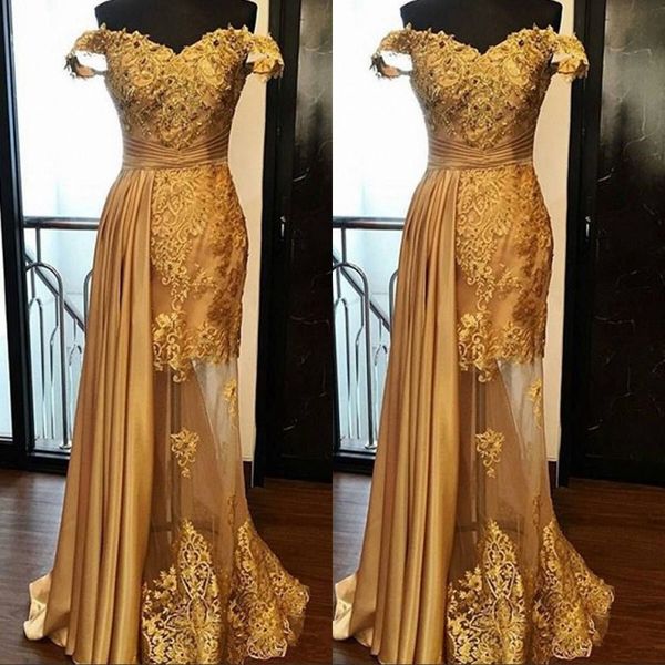 

Off The Shoulder Long Prom Party Dresses 2019 Arabic Golden Tulle Applique Ruched Beaded Floor Length Pageant Formal Evening Gowns