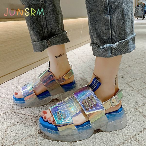 

junsrm bling платформы клинья сандалии женщин прозрачные кристаллы подошва желе обувь 5 см каблук женщины пряжка лето zapatos mujer, Black