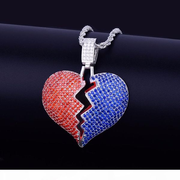 

red blue broken heart necklace & pendant new men women hip hop jewelry bling cubic zircon gold color with rope chain for gift, Silver