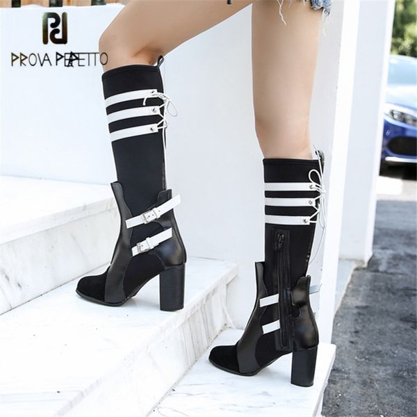 

prova perfetto 2020 autumn winter women knee high boots stretch fabric slim fit platform boots chunky high heel botas mujer, Black