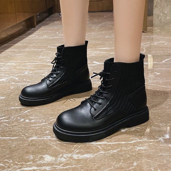 

fashion women's boots autumn shoes for women platform round toe solid color elastic band flat with pu comfortable short boots, Black