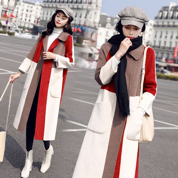 

women's wool & blends 2021winter coat clothing korean loose parka color matching woolen long slim cotton bristles female jacket, Black