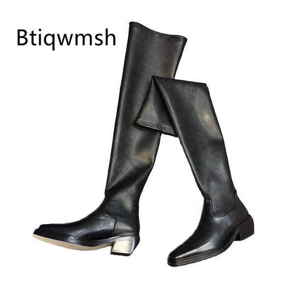 

black real leather over the knee boots women square toe high heel boots female stretch knight