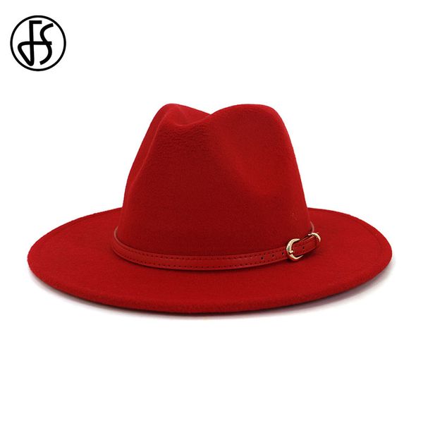 

fs women men wool fedora hat with red leather ribbon gentleman elegant lady winter autumn wide brim jazz sombrero cap, Blue;gray