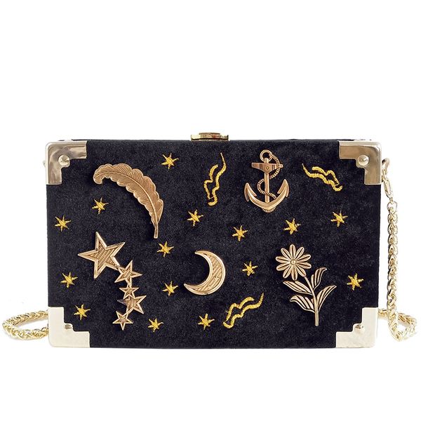 

black corduroy metal badge box shape women's party clutch bag chain purse mini shoulder bag handbag crossbody messenger
