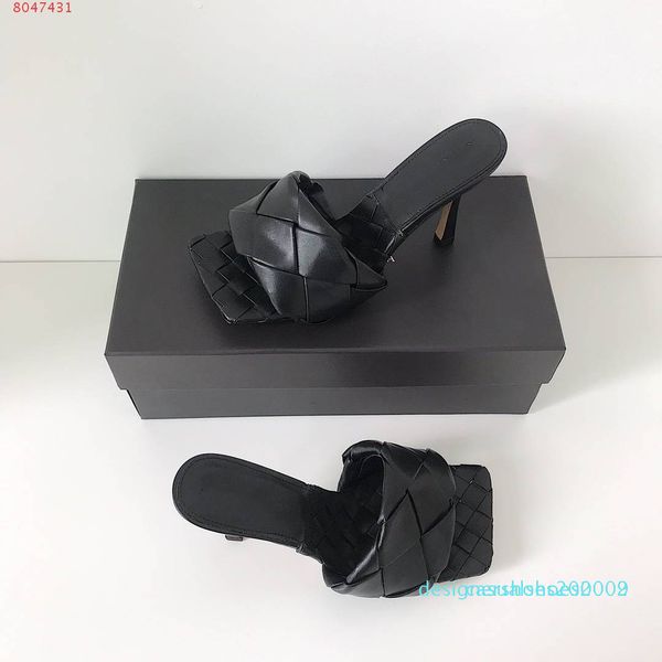 

2020 latest real leather slippers women shoes square sole mules , open-toed woven high heel slipper soft nappa lido sandals ,9cm heel d02, Black