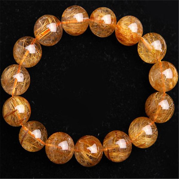 

15.5mm genuine natural copper hair rutilated quartz crystal big round beads bracelet stretch charm fashion women men bracelet, Black