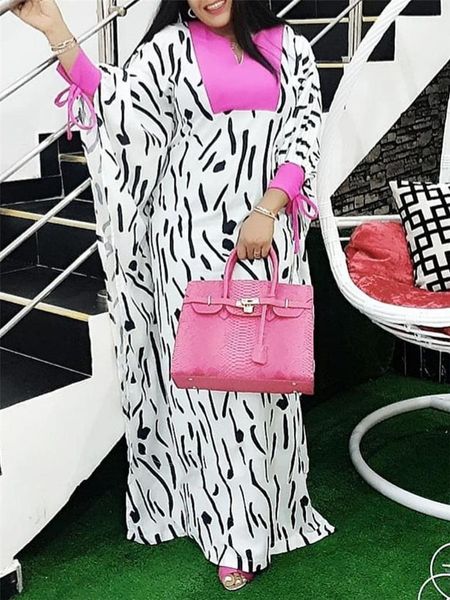 

oversized batwing sleeve panelled ol dress casual female clothing summer women designer dresses african stripe printed crew neck, Black;gray