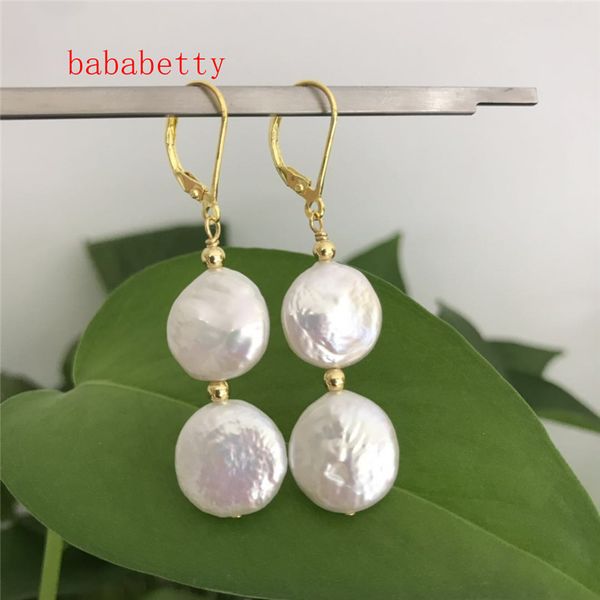 

natural freshwater pearl white coin 12-13mm earrings, Silver