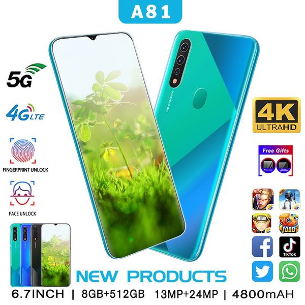 

a81 новый трансграничный запас смартфон 6,7-дюймовый капли воды большой экран отпечатков пальцев супекниги android оптового мобильного телеф