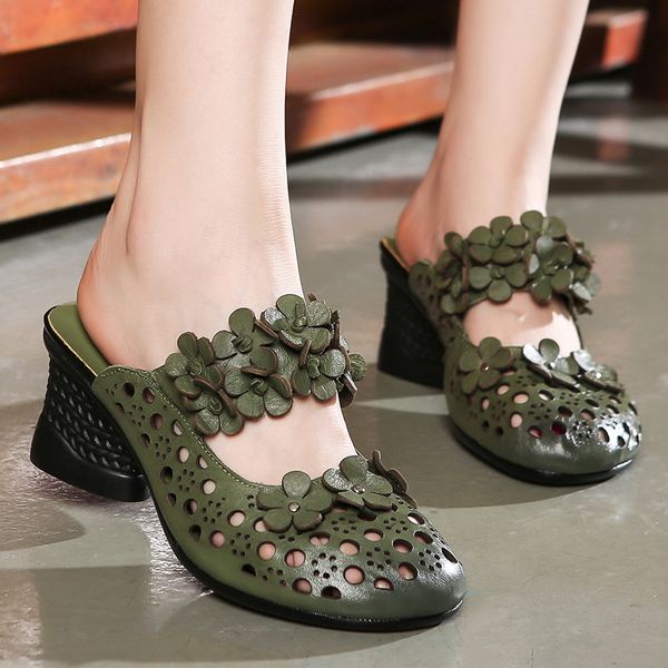 

gykaeo 2020 new summer round head women's slippers genuine leather high heels shoes woman rome style casual ladies slides shoes, Black