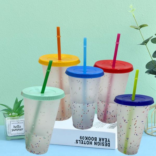 

24oz color changing confetti cup plastic drinking tumblers with rainbow straw summer reusable cold drinks cup magic coffee beer mugs