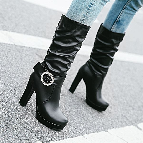 

ymechic ladies shoes women boots high heels platform rhinestone zipper 2020 sapatos femininos pu leather black boots size 34-43