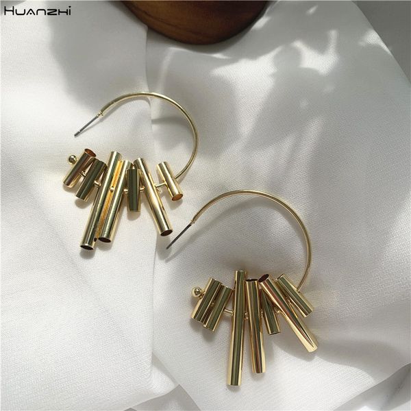 

hoop & huggie huanzhi 2021 stereoscopic copper tube punk metal geometric round big exaggeration earrings for women girl jewelry gifts, Golden;silver