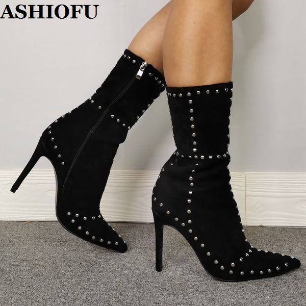 

ashiofu 2020 new handmade ladies boots rivets spikes high heels party prom ankle booties real ps evening club fashion boots, Black