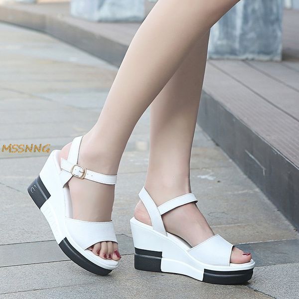 

2020 summer women's sandals fashion wedges peep toe ladies shoes solid buckle strap super high comfortable women's sandals, Black