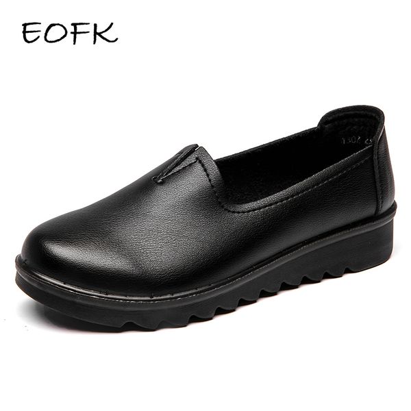 

eofk new spring autumn women flats round toe slip-on loafers soft comfortable casual leather ladies shoes, Black