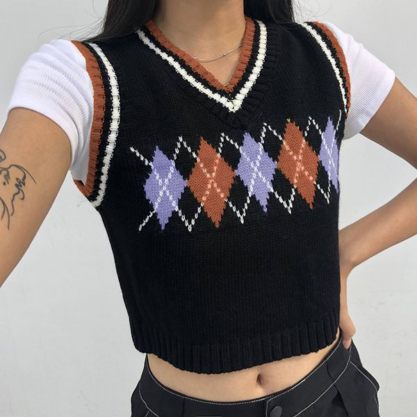 

women's vests vintage plaid cropped sweater vest autumn winter sleeveless tank knitted short jumper women v neck sweaters streetwear 2, Black;white