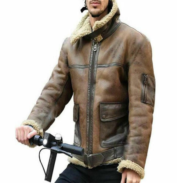 

winter mens lamb wool lined leather jacket parka outwear coat men retro fur locomotive jacket zipper pu leather coat warm, Black