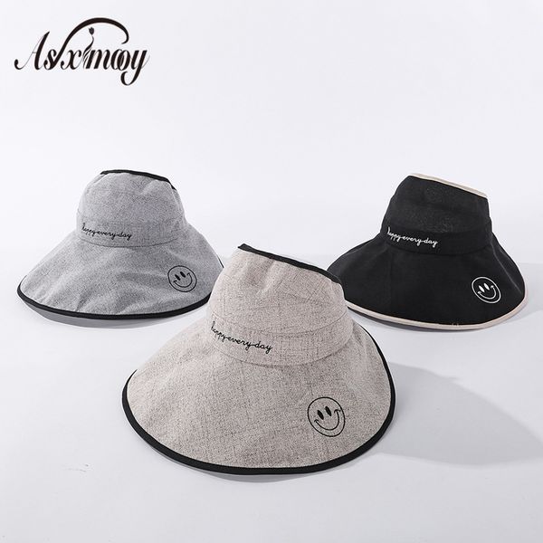 

wide brim hats summer women's hat empty sun women smile cotton linen visor travel beach ladies femme fashion caps gorras, Blue;gray
