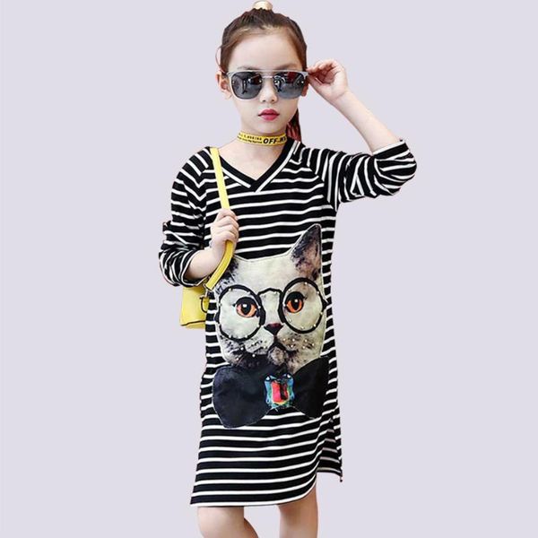 

girl dress striped dress for girls cartoon cat kids dresses for girls spring autumn cute clothes 6 8 10 12 year, Red;yellow