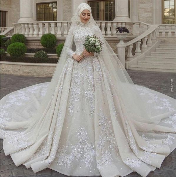 

luxury muslim wedding dresses high neck lace long sleeves sequins beads appliqued wedding dress with veil custom made vestidos de novia, White