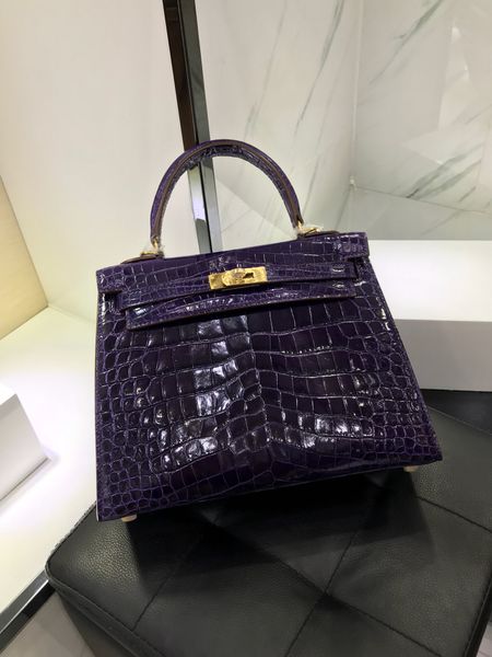 

factory wholesale deep purple shinny crocodile keily 25cm,fully handmade wax thread,can make other size,many colors for chosen,fast delivery