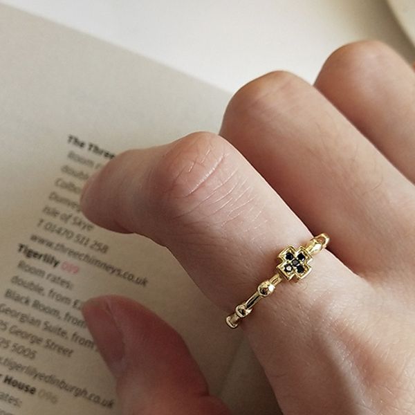 

suniangon 925 sterling silver ring node beads small black cross ring fashion wild trend female girl silver cute jewelry f597, Golden;silver