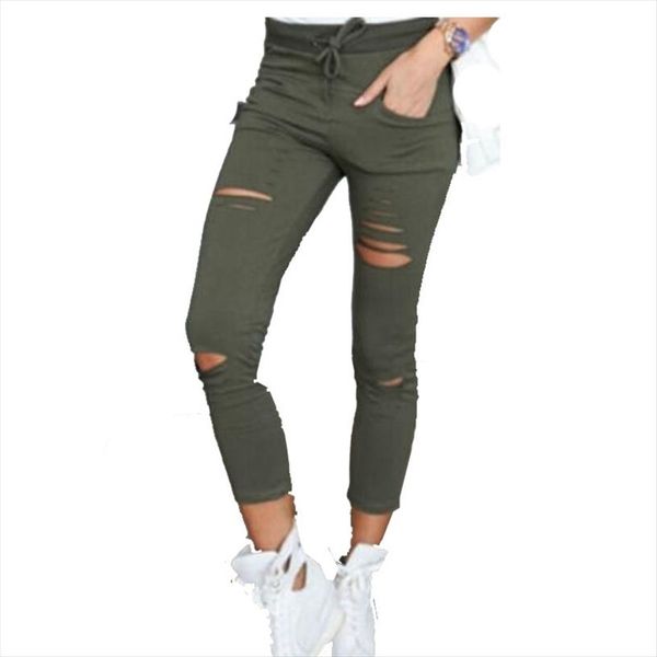 

women leggings holes pencil stretch casual denim skinny ripped pants high waist jeans trousers drop shipping, Black