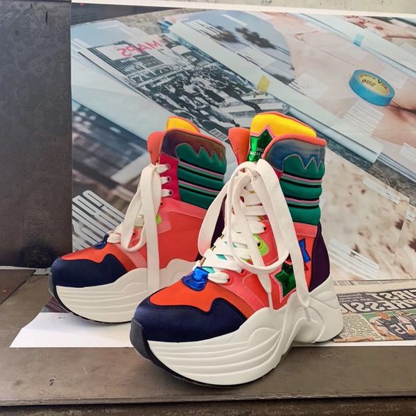 

mixed colors boots new women sneakers high-platform 7cm casual shoes colorful comfortable leather sneakers popular, Black
