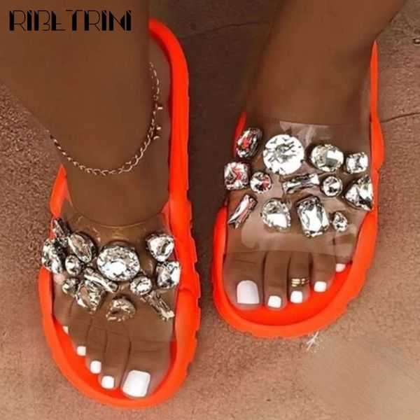 

ribetrini ins fashion lady open toe rhinestone slip on beach shoes open toe summer women slippers crystal slippers, Black