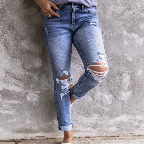 

women fashion casual denim trousers high waist ripped destroyed draped stretch slim pencil jeans pants holes slim bottom clothes, Black;white