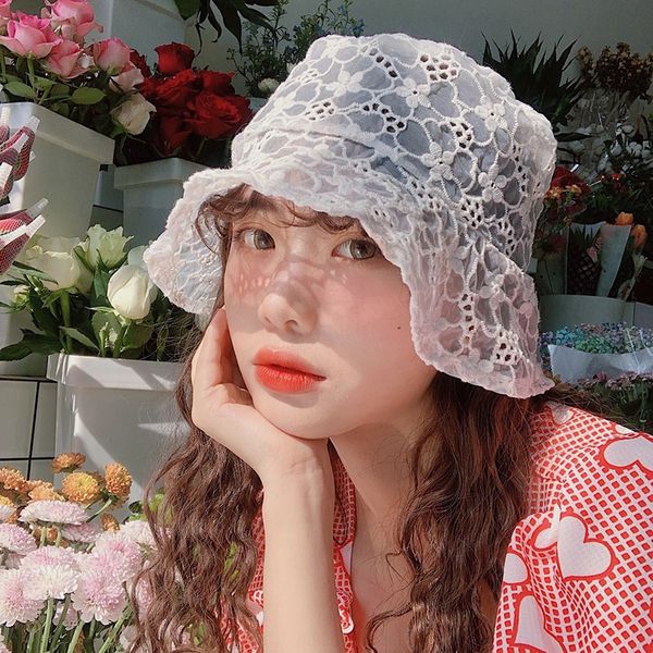 

2020 summer women wide brim sun hat hollow lace female cute little flower basin hat sun cap, Blue;gray