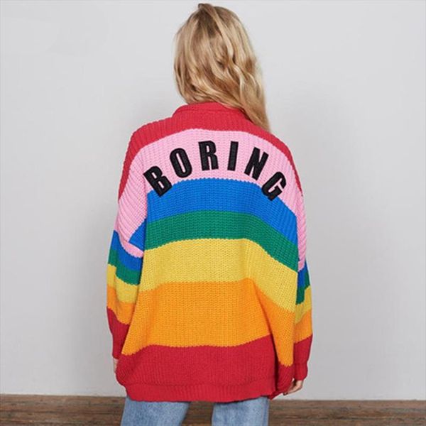

autumn harajuku cardigan women striped rainbow sweater coat female loose sweaters letter embroidery jumper cardigans drop shipping, White;black
