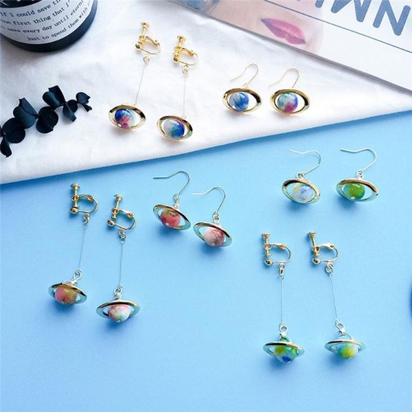 

new cute colorful hanging earrings planet series earrings harajuku elegant spherical pattern no ear piercing ear clip, Silver